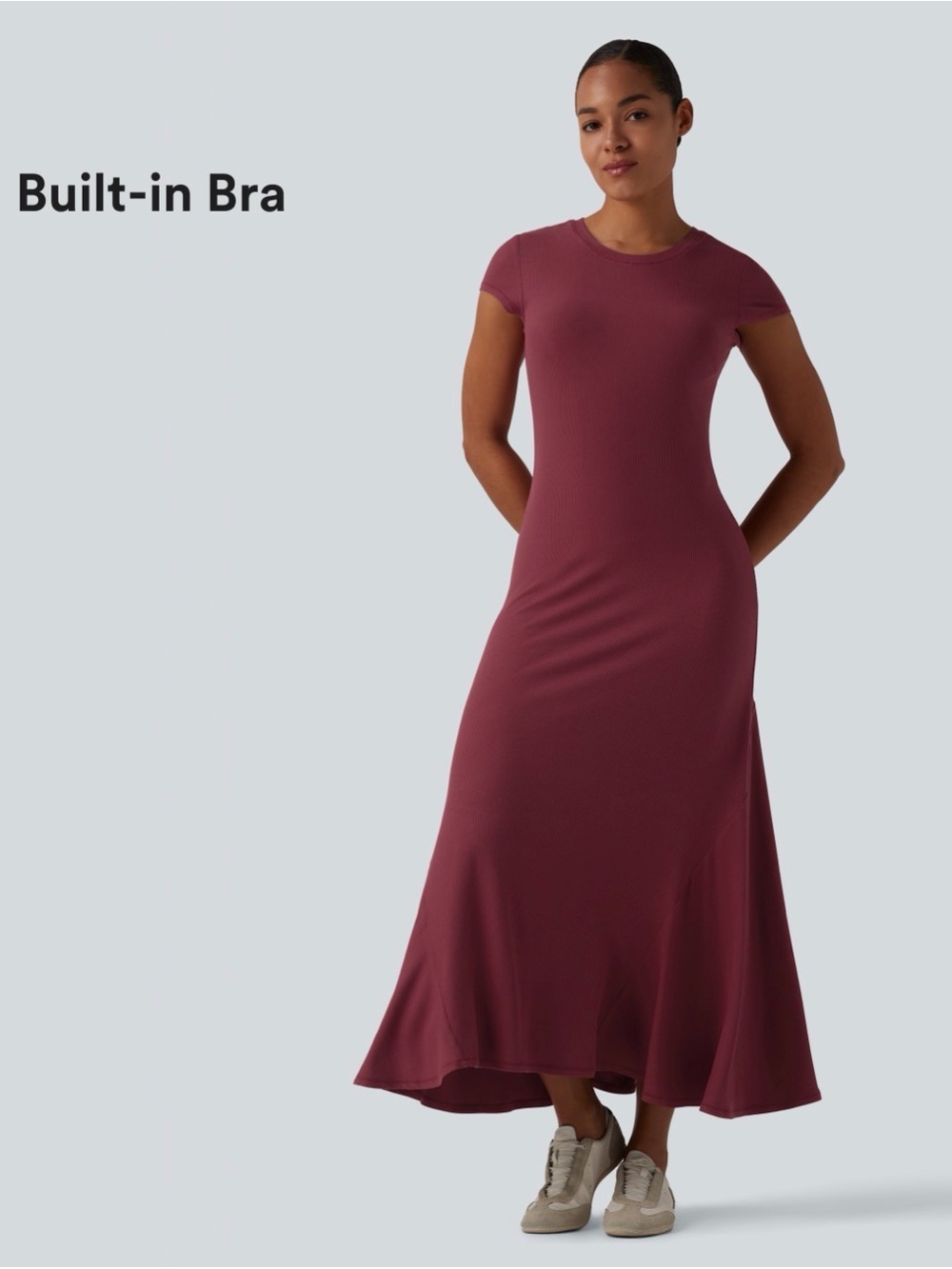 Women's Short-Sleeve Ribbed-Knit Dress — Burgundy